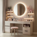This modern vanity features a round illuminated mirror, floating shelves, and large drawers for organization_ 💄✨🌸