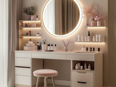This modern vanity features a round illuminated mirror, floating shelves, and large drawers for organization_ 💄✨🌸