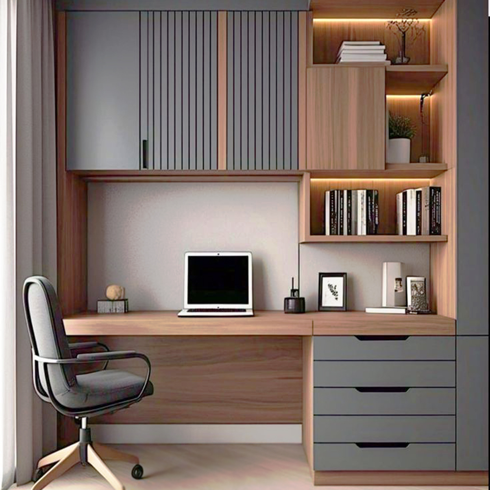 Modern Textured Workstation with Wood and Grey Accents