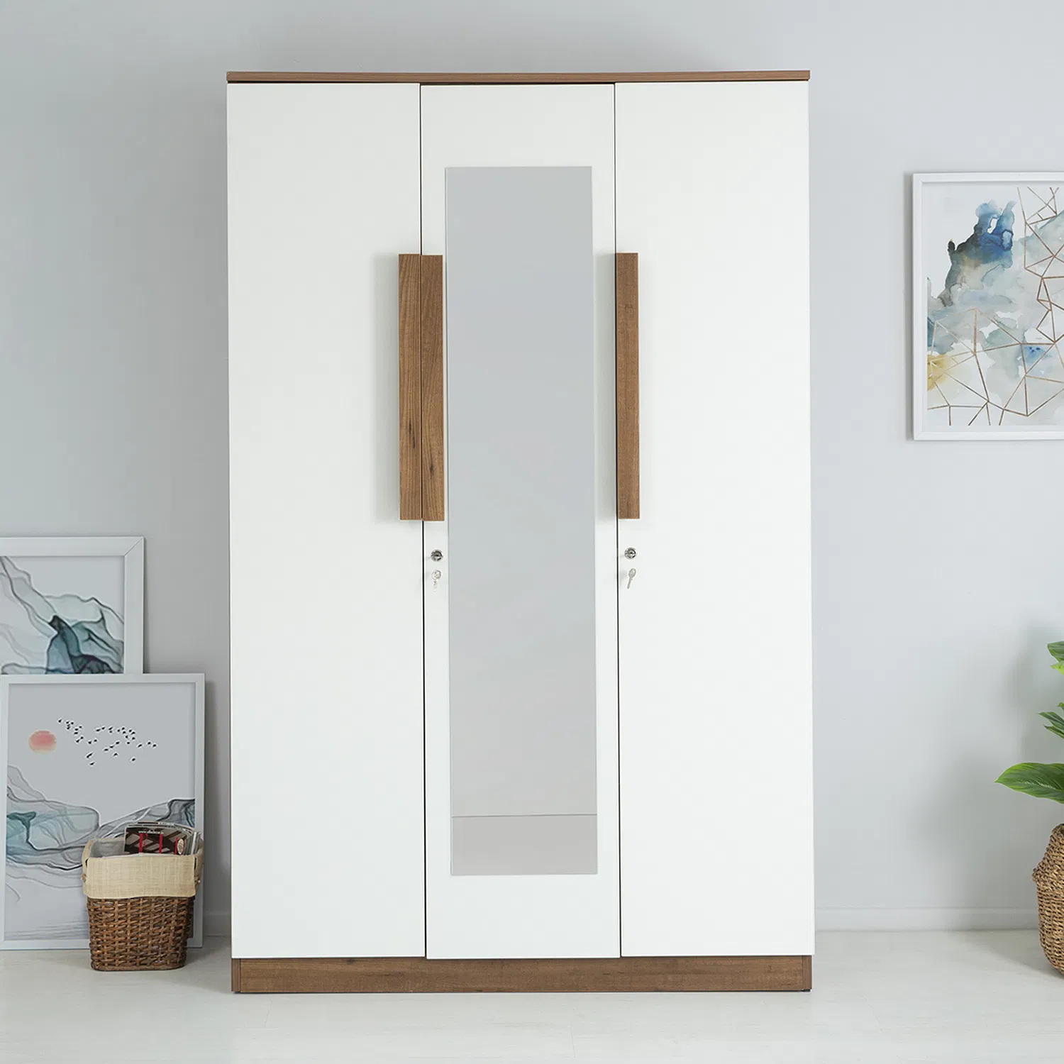 Bianca Engineered Wood 3 Door Wardrobe with Mirror in Ivory White Finish